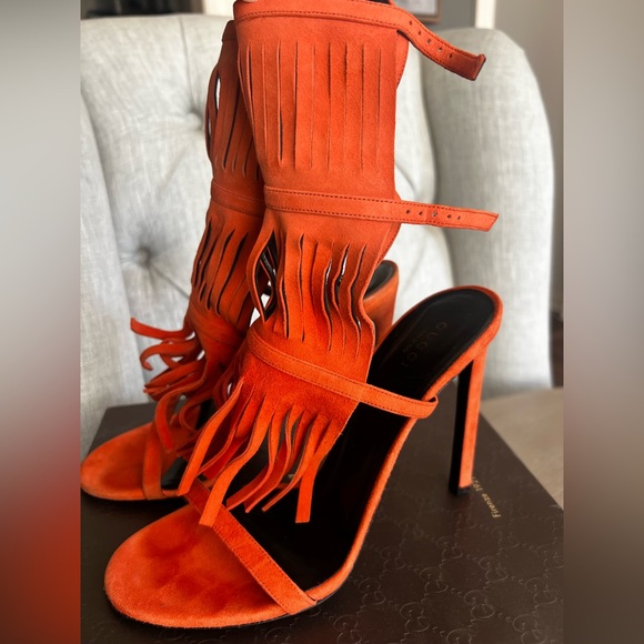 Gucci Shoes - Gucci Orange Suede Fringe Stiletto Sandals